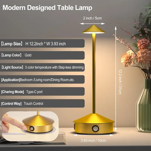Miniatura 4 de Juego de 2 lámparas de mesa inalámbricas, lámpara de escritorio LED portátil, funciona con batería de 6000 mAh, lámpara recargable de 3 niveles
