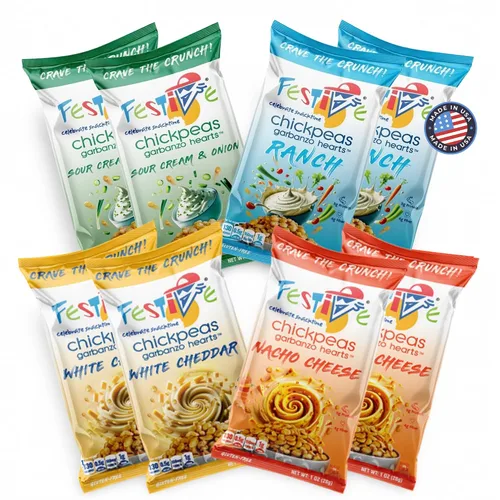 Festive Celebrate Snacktime Pack de bocadillos gourmet de crema con garbanzos tostados, 8 bolsas de 1 oz de garbanzos crujientes con proteínas,
