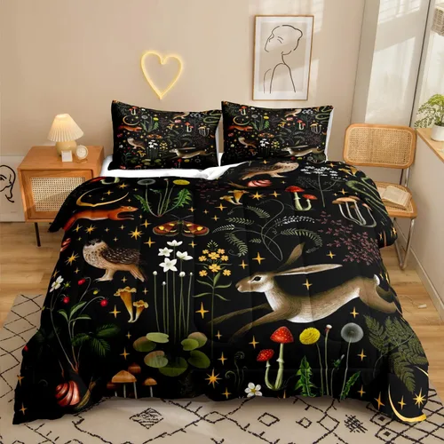Miniatura 11 de LUVIVIHOME Juego de edredón de 2 piezas de hongos trippy rojos, tamaño individual, ropa de cama para niños y niñas, plantas botánicas verdes