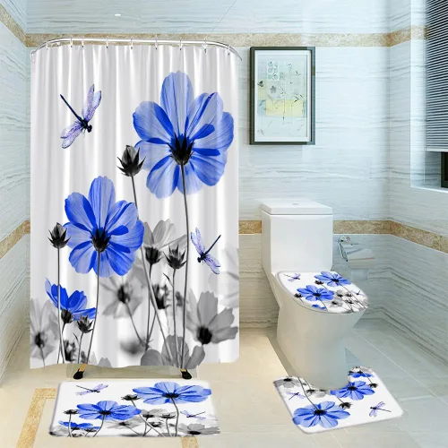 Miniatura 24 de Cortina de ducha floral azul y gris, planta rústica, retro, margarita, abstracta, elegante, natrue de tela con ganchos