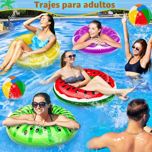 Miniatura 8 de Paquete de 8 flotadores inflables de piscina para niños, 4 tubos de natación de frutas y 4 bolas de playa, flotadores de piscina, juguetes de playa