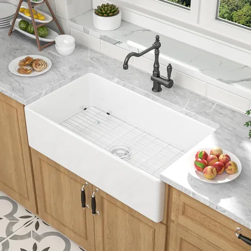 Miniatura 9 de Mocoloo Fregadero de cocina de granja blanco 33 – Fregadero plano de estilo rústico de 33 x 20 x 10 pulgadas, fregadero plano de estilo rústico