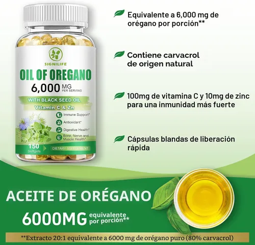 Miniatura 5 de Aceite de orégano con aceite de semilla negra, cápsulas de aceite de orégano de 6000 mg para apoyo inmunológico con alto contenido de carvacrol