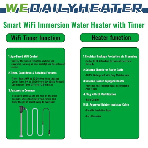 Miniatura 3 de Calentador de agua de inmersión de 1500 W para bañera de hidromasaje y piscina, calentador eléctrico portátil totalmente sumergible con apagado