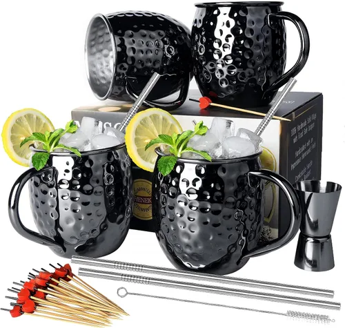 Miniatura 10 de LINALL Moscow Mule - Juego de 4 tazas de acero inoxidable chapadas en negro bronce de 18 onzas, taza medidora, selecciones de cóctel para bebidas 4