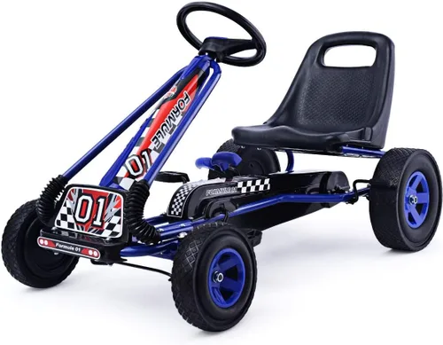 Miniatura 9 de HONEY JOY Go Kart para Niños, Cuadriciclo de 4 Ruedas Todoterreno con Pedales Go Cart con Volante y Asiento Ajustable, 2 Frenos de Seguridad, Azul
