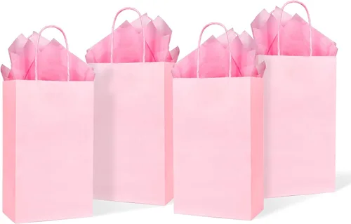 DjinnGlory Paquete de 24 pequeñas bolsas de regalo de papel rosa con asas de 9 x 5.5 x 3.15 pulgadas y 24 papel de regalo de seda para negocios,