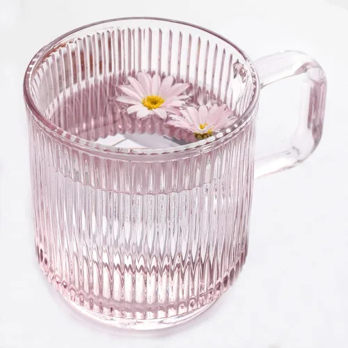 Lysenn - Taza de café de cristal rosa con tapa, taza de té clásica de rayas verticales de primera calidad para |Latte|Té|Chocolate|Jugo|Agua| - Sin
