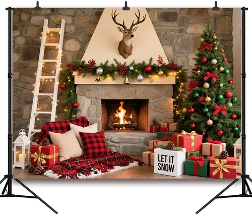 Miniatura 2 de Fondo de chimenea de Navidad de 7 x 5 pies, hogar rústico con guirnalda de fondo para decoración de fiestas temáticas de Navidad, vinilo 5-Consulta