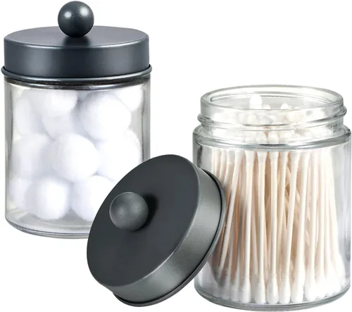 Miniatura 8 de Amolliar Juego de 2 organizadores de almacenamiento de vidrio para tocador de baño, recipiente de encimera con tapas de metal y calcomanías, tarros