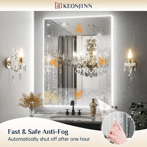 Miniatura 4 de Keonjinn - Espejo de 48x30 pulg retroiluminado LED para baño/tocador, luz de 3 colores ajustables blanca/cálida/natural, lúmenes altos, montaje