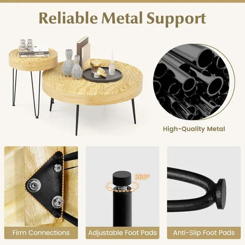 Miniatura 5 de Giantex Juego de 2 mesas auxiliares redondas bohemias, mesa anidable lateral para sofá con parte superior de madera de pino maciza, patas de metal