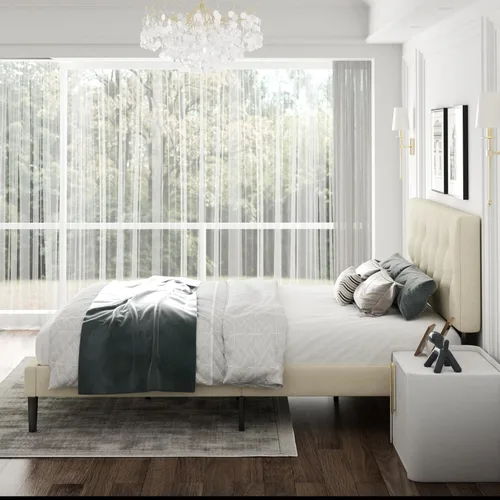 Miniatura 9 de CXVX Marco de cama de tamaño matrimonial con estructura de plataforma y cabecera tapizada, diseño con botones, listones de madera resistentes,