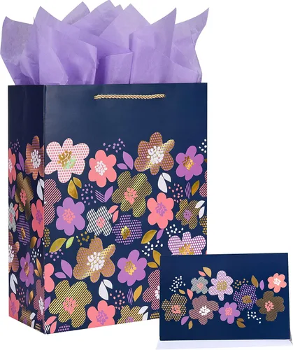SUNCOLOR Bolsa de regalo floral grande con papel de seda y tarjeta, diseño de flores coloridas, azul profundo, 13 x 10.2 x 4.7 pulgadas, para mujer,