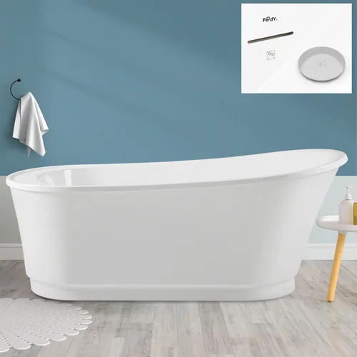 Miniatura 29 de FerdY Langkawi - Bañera independiente de acrílico de 59 pulgadas, bañera de remojo sola moderna blanca, certificado cUPC, drenaje dorado cepillado