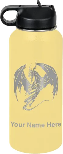 Miniatura 57 de LaserGram Botella de agua con tapa abatible de doble pared de 12 onzas con pajilla, dragón, grabado personalizado incluido (negro)