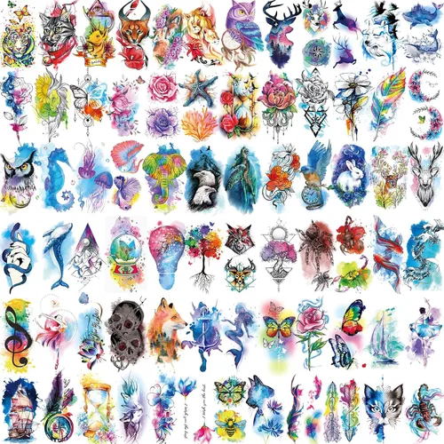 Miniatura 3 de JEEFONNA 86 hojas de tatuajes temporales, 14 hojas grandes de medio brazo de tatuajes falsos de flores, gato, búho y león, 72 hojas pequeñas