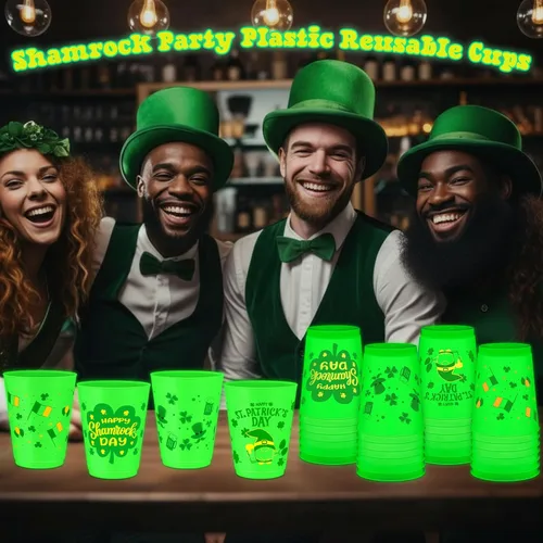 Miniatura 7 de 24 tazas de decoración de fiesta del Día de San Patricio que brillan en la oscuridad, vasos de plástico esmerilado de 16 onzas, vaso reutilizable