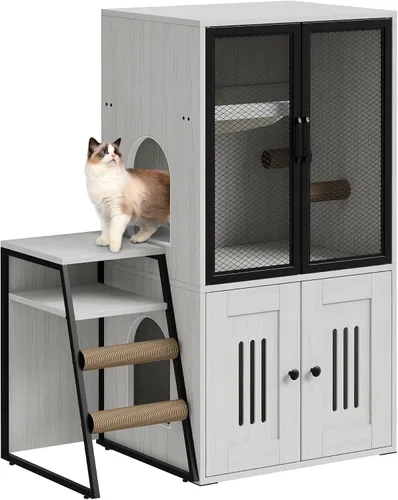 Miniatura 10 de Caja de arena para gatos para 2 gatos y puertas, casa doble para gatos con espacio de almacenamiento, casa de juegos para gatos con hamaca y puerta