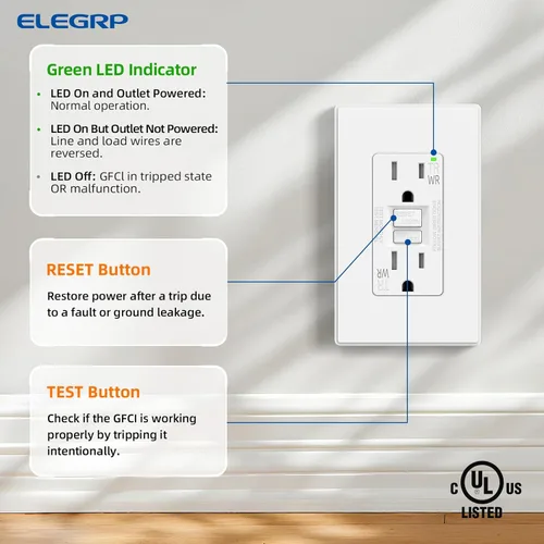 Miniatura 4 de ELEGRP Salida GFCI para Exteriores, Receptáculo GFI Eléctrico de Autoprueba de 15 Amperios con Diseño Más Delgado, Receptáculo GFCI Resistente a