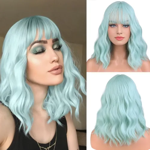 Miniatura 34 de BERON 14 Inches Ash Blonde Wig with Bangs Short Curly Wig Short Ash Blonde Bob Synthetic Wigs for Women Daily Halloween Party or Cosplay Hairnet