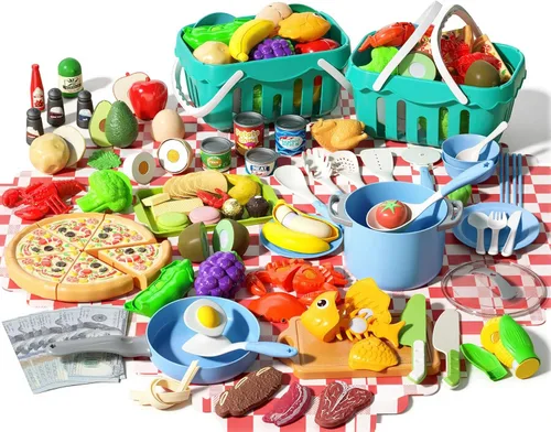 Juego de cocina de 150 piezas, accesorios de cocina para niños pequeños, alimentos, manta de picnic, frutas, verduras, paquete de 2 cestas de Azul