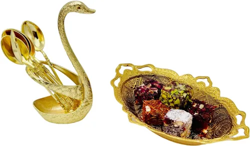 Miniatura 6 de Swan Spoon Eid - Juego de cubiertos de cuchara pequeña – Cubertería festiva de lujo, decoración moderna con soporte de 7 piezas (dorado)