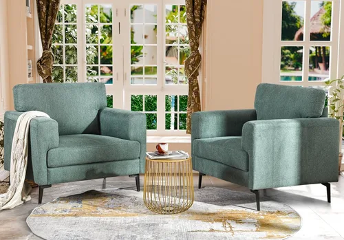 Miniatura 19 de Silla decorativa de gran tamaño, sillas tapizadas para sala de estar, sofá individual con patas de metal, cómoda silla de lectura de tela de lino