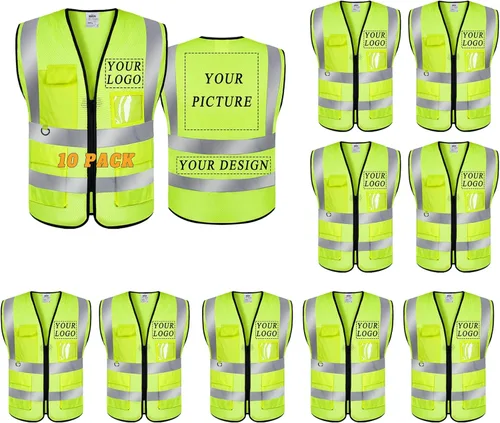 Miniatura 32 de Chaleco de seguridad con logotipo personalizado de alta visibilidad, chaleco reflectante clase 2, ropa de trabajo de construcción con 5 bolsillos