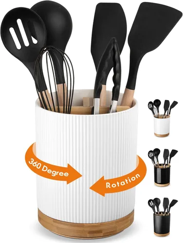 LoeJan Soporte para Utensilios de 3 Compartimentos, Recipiente para Utensilios Extra Grande, Organizador de Utensilios de Cerámica Estable, Juego