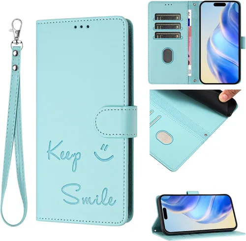Miniatura 14 de Flip Wallet Case for Motorola Moto E32 4G (Int'l), Keep Smile Embossed Leather Cover with Card Slots, RFID Blocking, Kickstand, Wrist Strap Black.