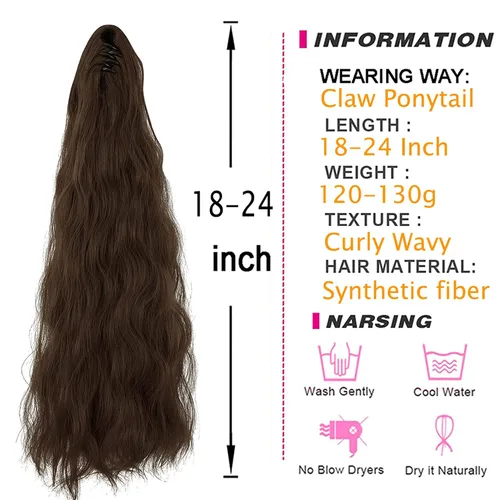 Miniatura 5 de OMGREAT Extensión de cola de caballo con clip de garra de 18 pulgadas, extensiones de cabello rizado ondulado largo para mujer, clip de mandíbula