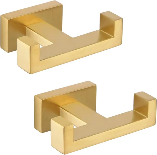 APLusee Paquete de 2 ganchos dobles para toallas de baño, soporte cuadrado de doble capa de acero inoxidable sólido, moderno para baño y cocina, Oro