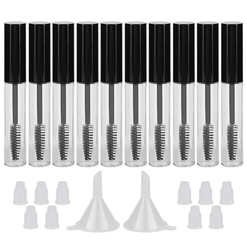 GTHER 10 botellas vacías de tubo de rímel de 0.3 onzas líquidas con varita para pestañas, insertos de goma y embudos para aceite de ricino, aceite
