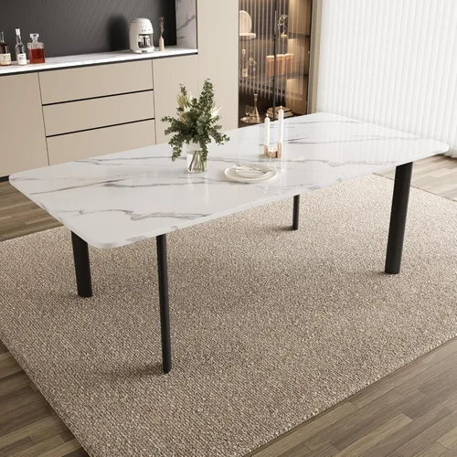 HIPIHOM Mesa de comedor extensible para 6-8 personas, mesa rectangular de 63 a 78.7 pulgadas, MDF blanco con patas de metal resistentes, ahorro de