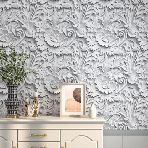 Miniatura 7 de Papel tapiz floral 3D de imitación para despegar y pegar, papel tapiz moderno de plasto de plástico con flores grandes, papel de contacto blanco