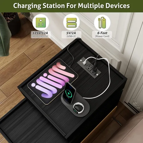 Miniatura 4 de UEV Mesa auxiliar con estación de carga, mesita de noche con cajones y almacenamiento, mesa auxiliar estrecha con puertos USB y tomas de corriente