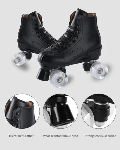 Miniatura 2 de Patines de ruedas para hombres y mujeres, patines Derby negros con 4 ruedas brillantes, patines clásicos de doble fila para interiores y exteriores