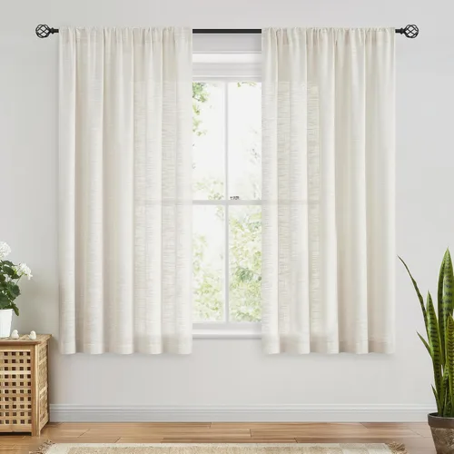 Miniatura 2 de FMFUNCTEX - Cortinas semitransparentes de lino de 114 cm de largo para dormitorio y sala de estar, paneles beige de lino texturizado para ventana