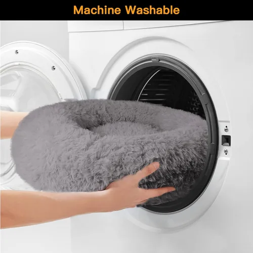 Miniatura 6 de Camas calmantes para perros grandes, cama para perros de dona acogedora de piel sintética, almohada redonda y esponjosa, cama lavable para perros