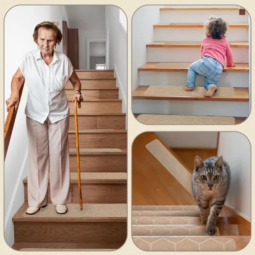 Miniatura 7 de MATAHUM Peldaños antideslizantes para escaleras, paquete de 15 alfombras de 8 x 30 pulgadas, color beige para escalones de madera en interiores
