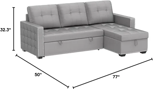 Miniatura 2 de Sofá modular con cama extraíble, sofá esquinero tapizado de terciopelo de 76.8 pulgadas con marco de madera maciza de 2 asientos y diván de Gris