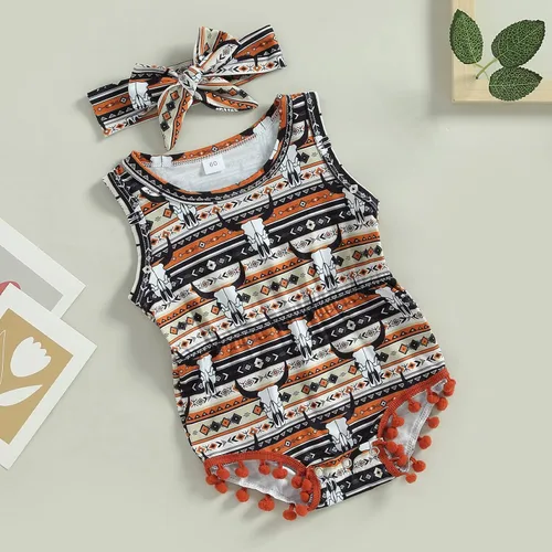 Miniatura 4 de Karuedoo Ropa occidental para bebé niña, con estampado de vaca, sin mangas, con pompones, traje de una pieza con diadema