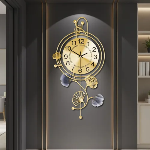 Reloj de pared grande para sala de estar, esfera redonda dorada con péndulo, modernos relojes de pared de metal silenciosos sin tictac para cocina,