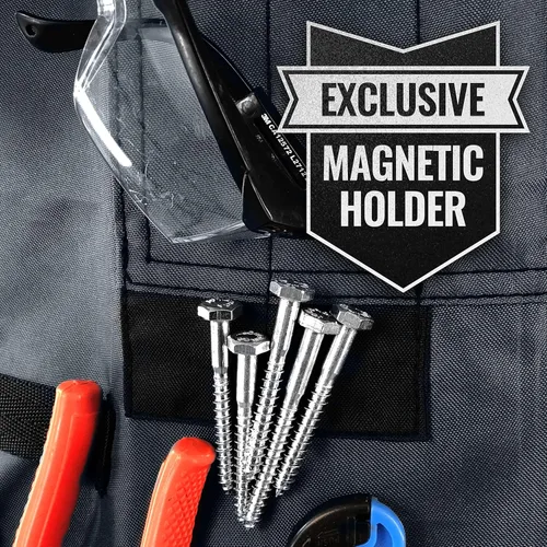 Miniatura 5 de Under NY Sky Delantal de herramientas – Soporte magnético para herramientas – Lona Oxford gris resistente – Parte trasera cruzada – 18 bolsillos