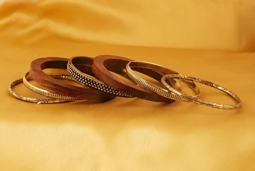 Miniatura 8 de Touchstone Indian Bollywood Hand Cut Natural Wood Pretty Assorted Patterns Brass Designer Jewelry Bangle Bracelets In Gold Tone For Women.