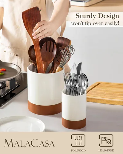 Miniatura 3 de MALACASA Soporte para utensilios, soporte para utensilios de cocina de cerámica de 7.3"+5.5 pulgadas para encimera, recipientes grandes para Caqui