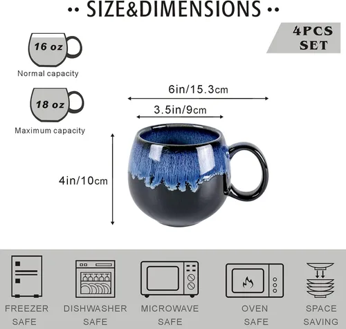 Miniatura 2 de UNICASA Juego de 4 tazas de café, tazas de cerámica jumbo de 18 onzas, cereales de porcelana, tazas de sopa con asas para café, té, leche, café