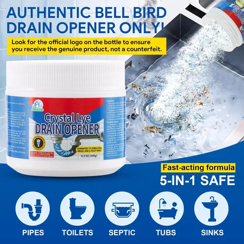 Miniatura 3 de Abridor de Drenaje BELL BIRD, Poderoso Desatascador, Lejía Cristalina, Hidróxido de Sodio, Desatascar desagües, Fregaderos de Baño, Fregaderos