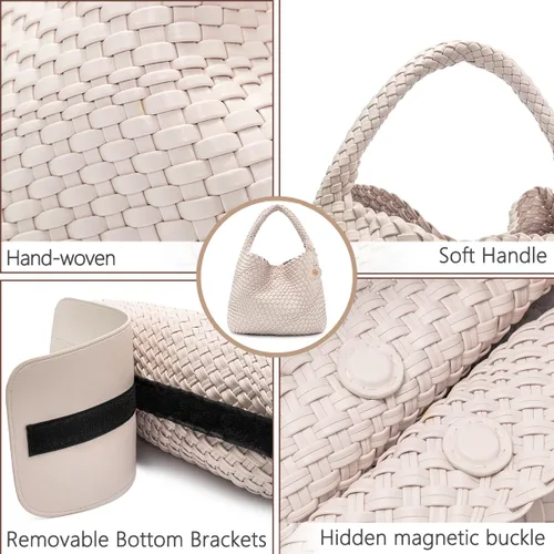 Miniatura 5 de PS PETITE SIMONE Bolso de mano tejido para mujer, bolso grande tejido de cuero, bolso trenzado, bolso tejido color avellana, A-Cremy blanco